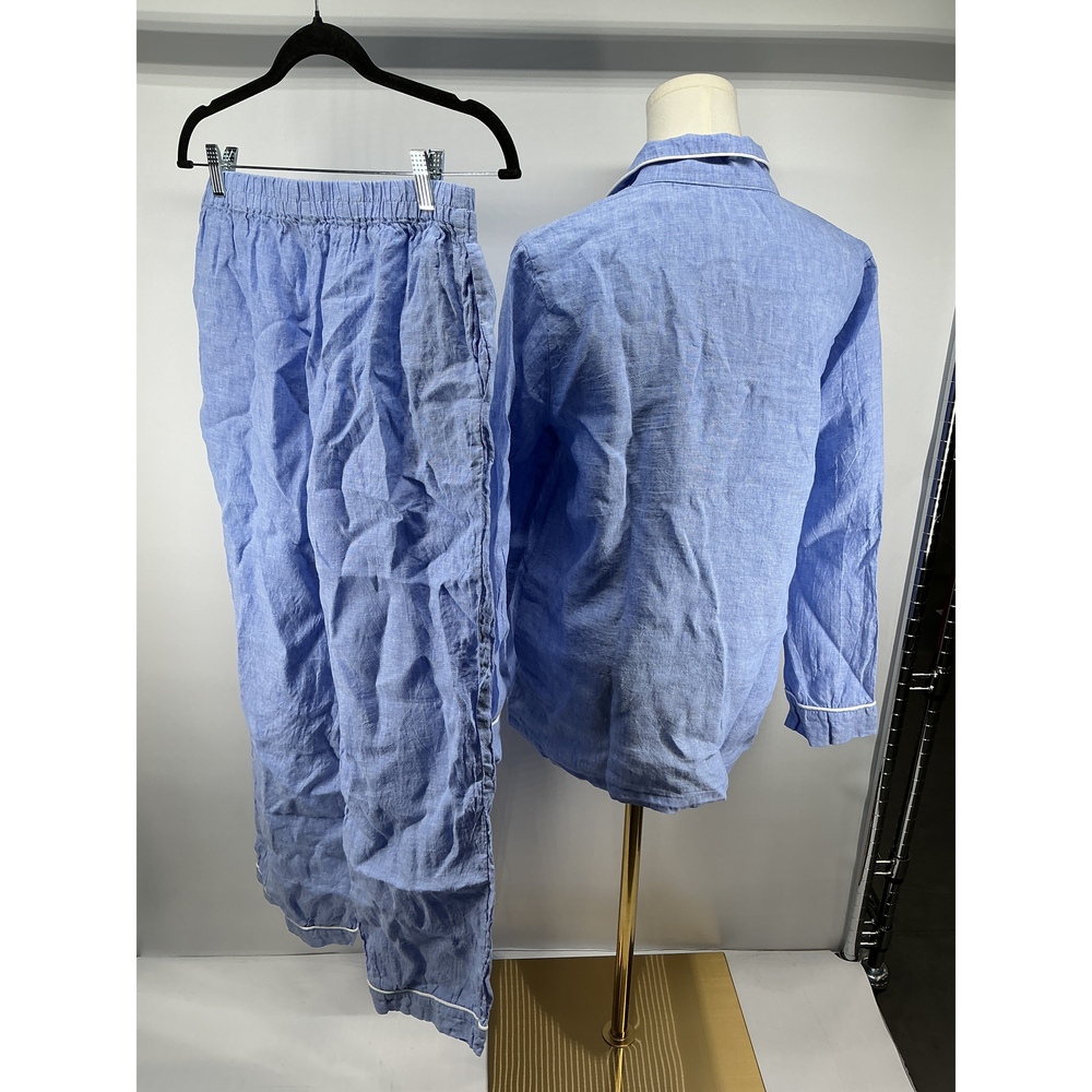 100% European Linen Long Sleeve Pajama Set with Piping - Picture 2 of 3